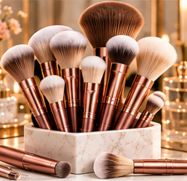 Rose-gold makeup brushes displayed in a marble holder