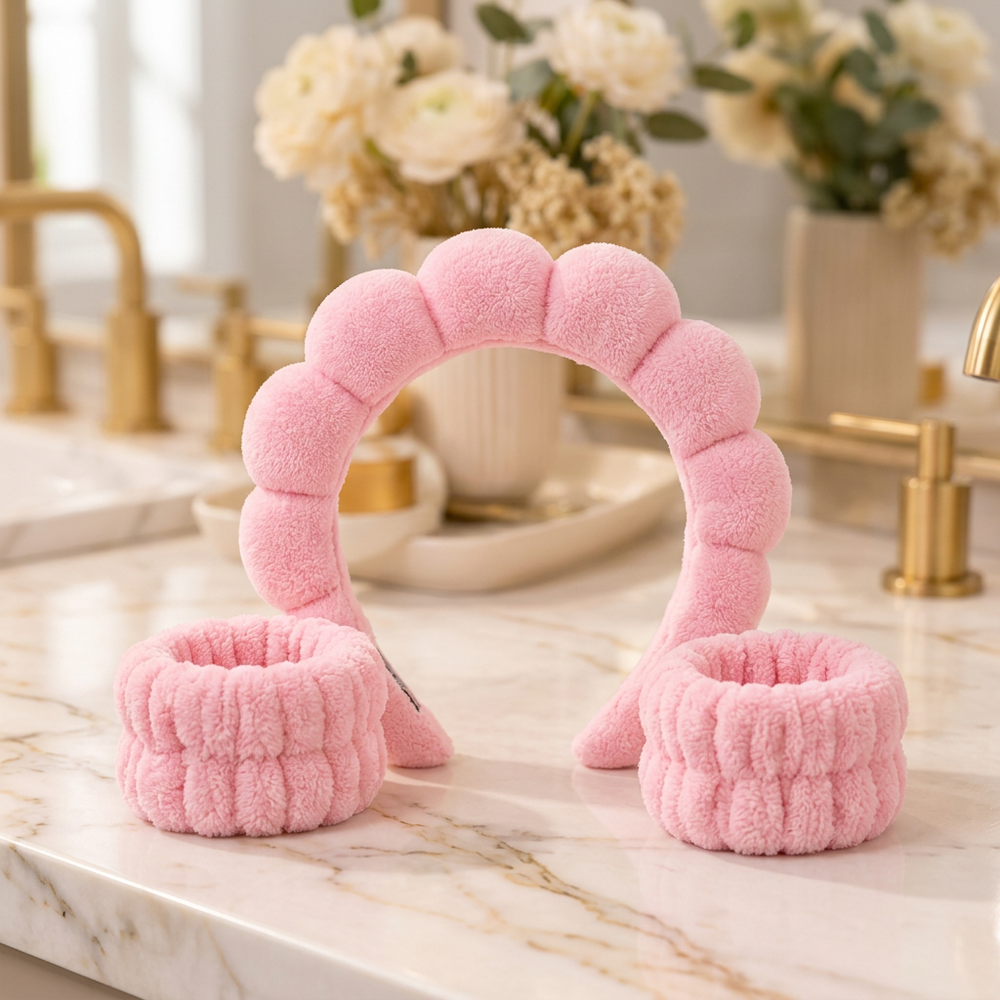 Pink plush spa headband with two matching wristbands on an ivory vanity
