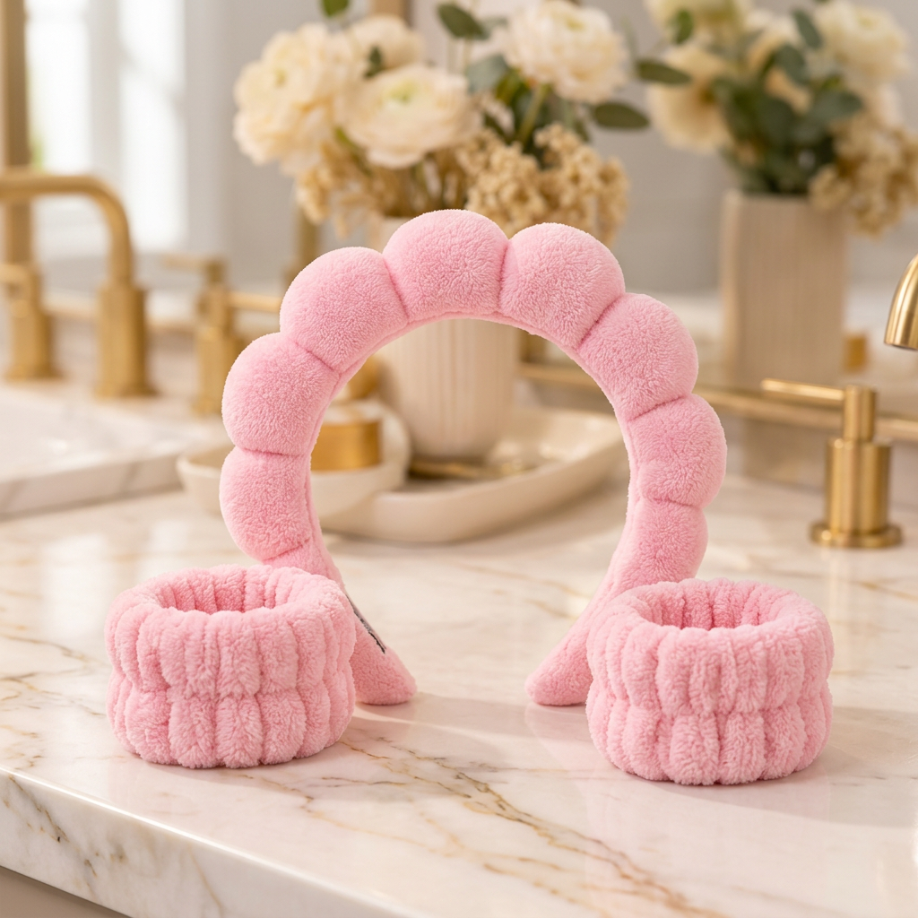 Pink plush spa headband with two matching wristbands on an ivory vanity