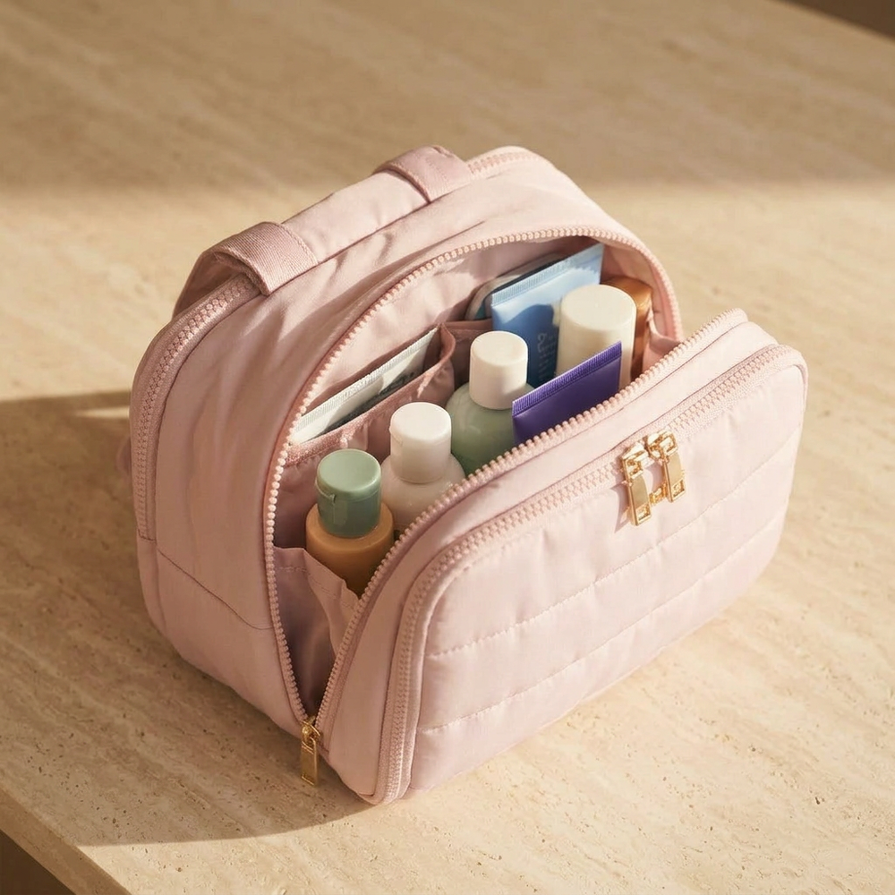 Open makeup bag with visible beauty products from a higher angle